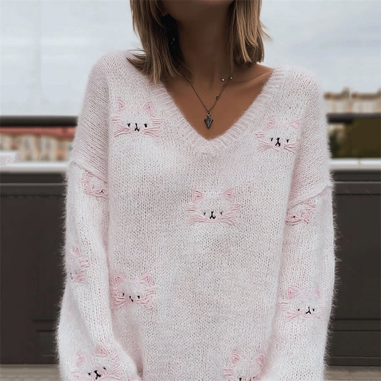 Lovely Pink Cats Faces Fuzzy Cozy Knit Sweater elevenforest