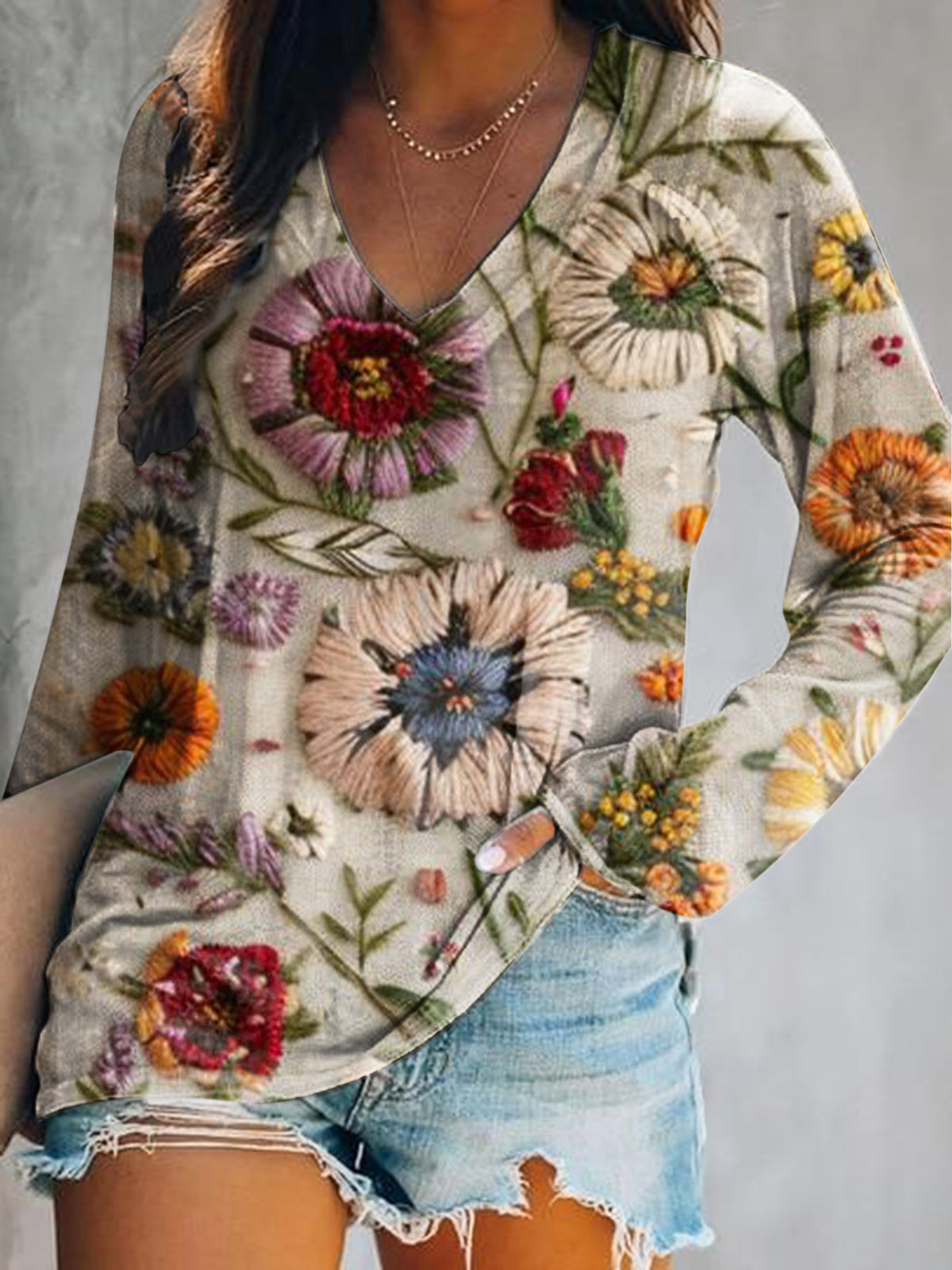 Women's Vintage Floral Art Print Casual V Neck Long Sleeve Tops