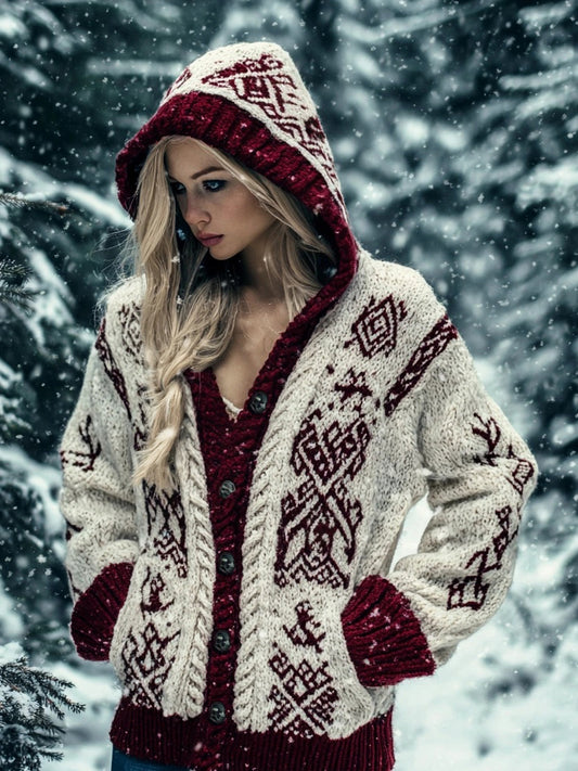 Viking Inspired Celtic Jacquard Chunky Hooded Cardigan artswardrobe