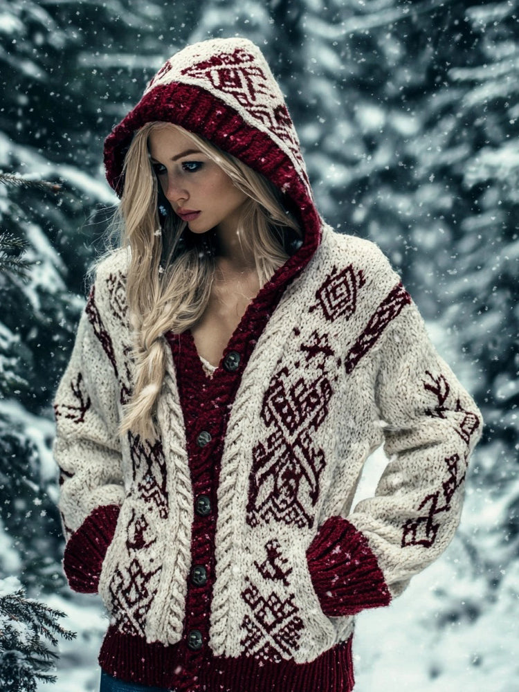 Viking Inspired Celtic Jacquard Chunky Hooded Cardigan elevenforest