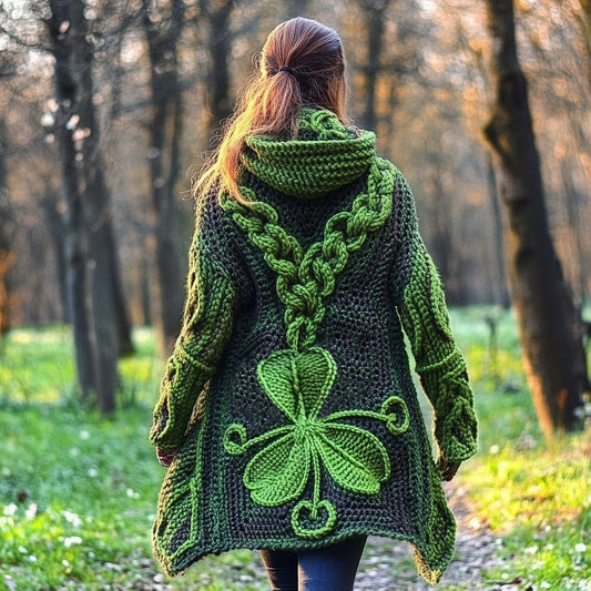 Women's Irish Celtic Knotted Clover Jacquard Hooded Cardigan Sweater artswardrobe
