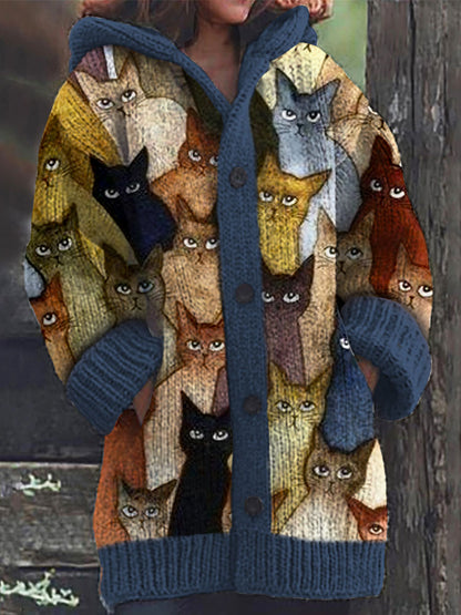 Comstylish Colorful Cats Pattern Cozy Hooded Cardigan