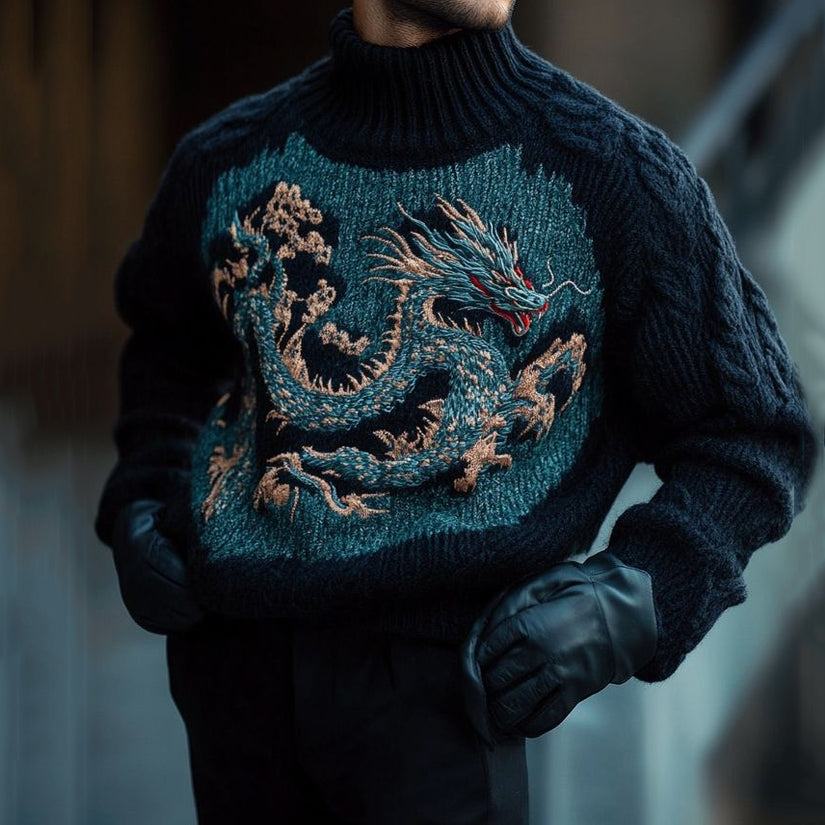 Men'S Turtleneck Sweater With Dragon Jacquard Design Sweater elevenforest