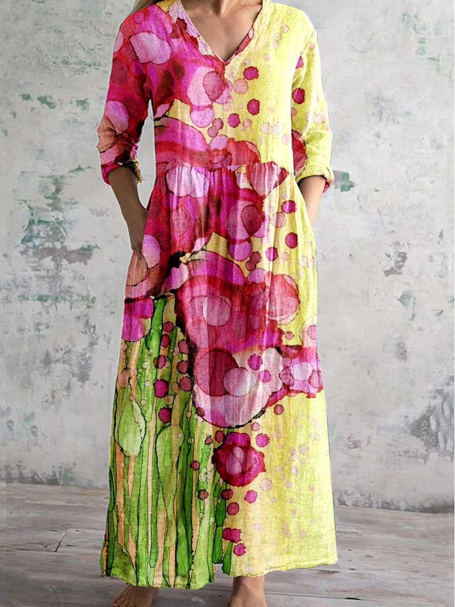 Women's Crew Neck Fluid Art Print Graphic Dress with Pockets