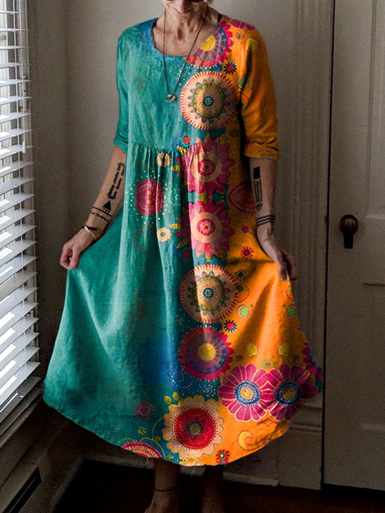 Women's Abstract Floral Colorblocking Pattern Art Print Pocket Cotton