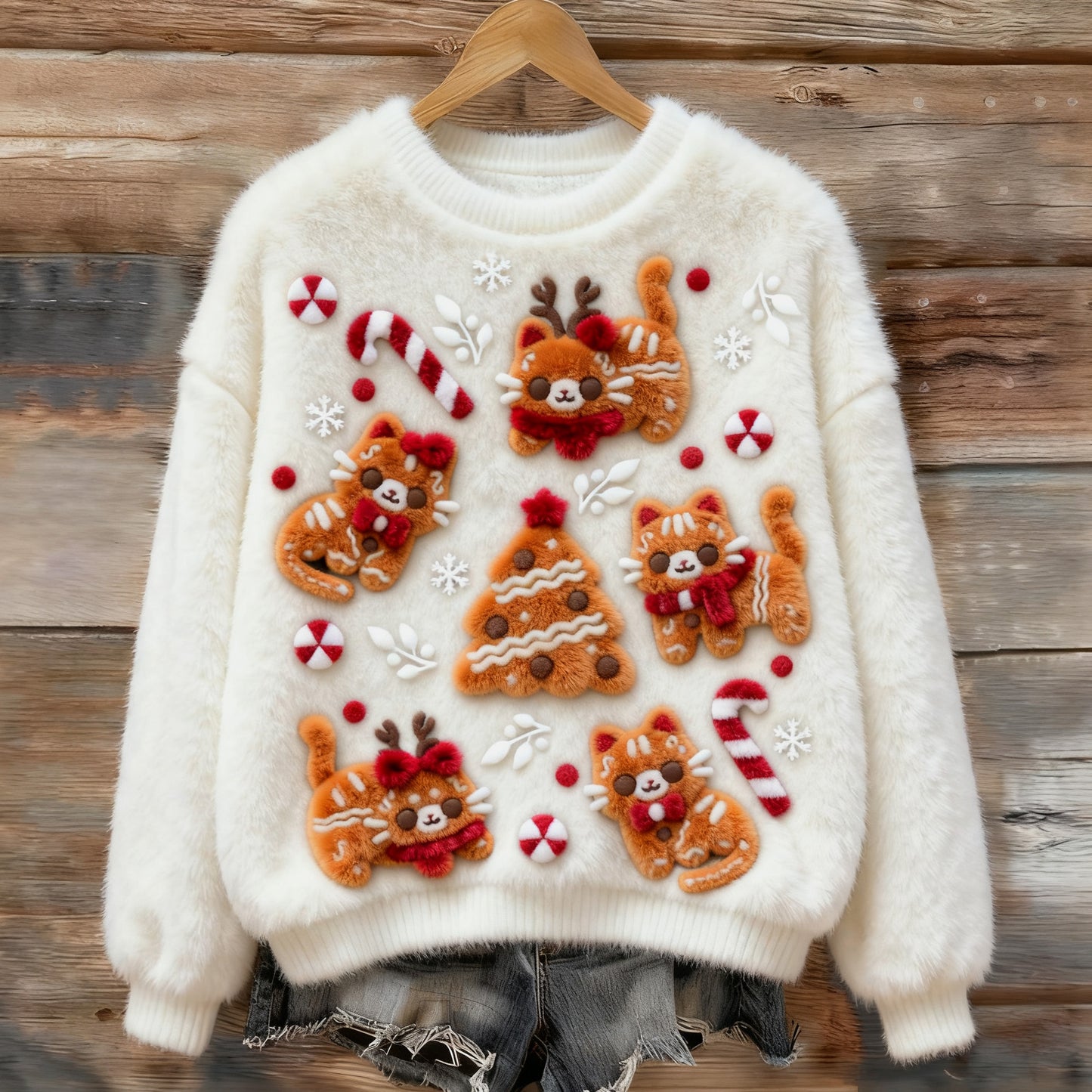 Comstylish Women's Christmas Tree Cat Plush Sweater