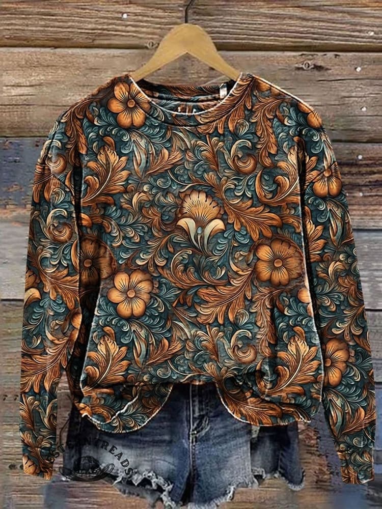 Comstylish Vintage Flower Art Casual Long Sleeve Sweatshirt