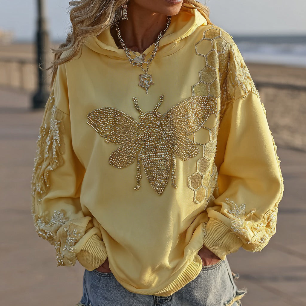 Women's Retro Rhinestone Bee And Honeycomb Casual Hoodie artswardrobe