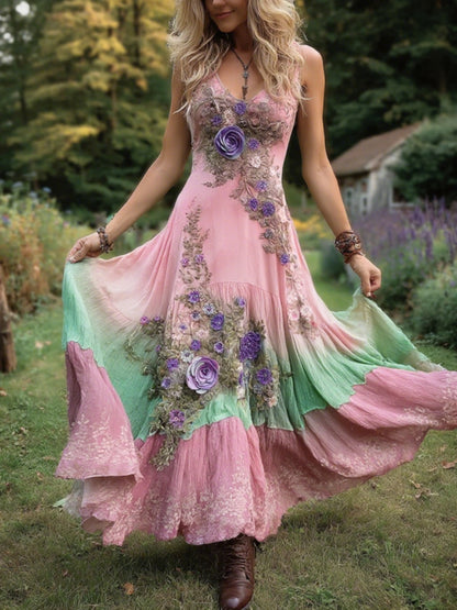 Classy Gradient Purple Lavender And Floral Embroidered Linen Maxi Dress artswardrobe