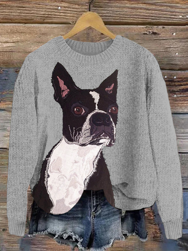 Comstylish Boston Terrier Dog Embroidered Cozy Sweater
