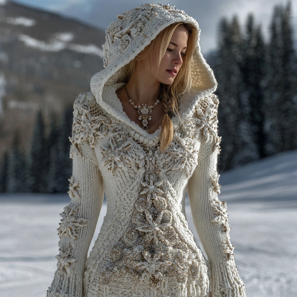 Women's Snowflake Christmas Tree Knitted Jacquard Hooded Sweater artswardrobe