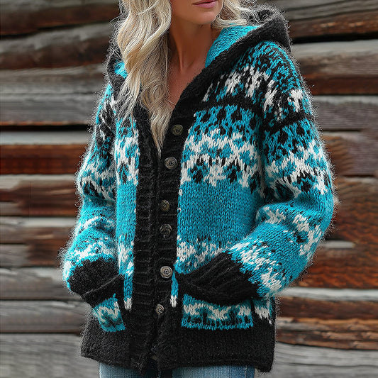 Vintage Fairman Island Geometric Colorblock Pattern Hooded Button Cardigan Sweater elevenforest