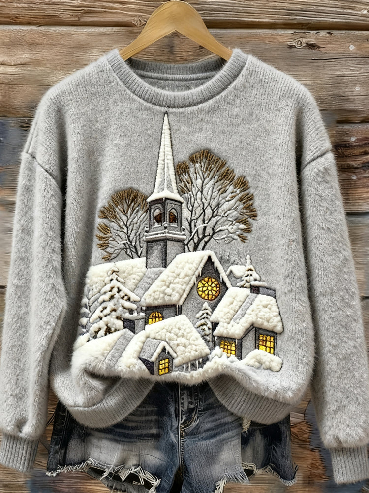 Christmas Snow Scene & House Embroidery Women's Plush Sweater