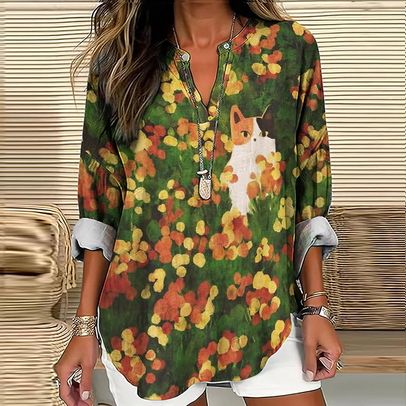 Comstylish Flowers Cat Art Print Casual Blouse