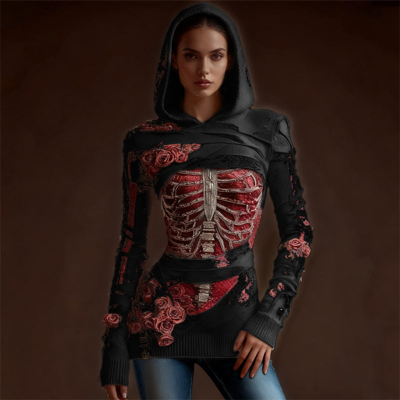 Classy Skeleton Anatomy Bloody Roses Bandages Hooded Sweater artswardrobe