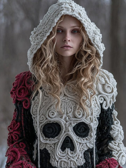 Women Halloween Big Skull Rose Vintage Hooded Sweater artswardrobe