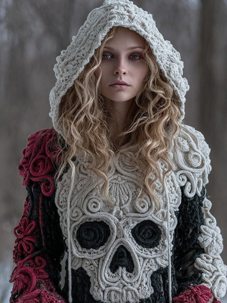 Women Halloween Big Skull Rose Vintage Hooded Sweater elevenforest
