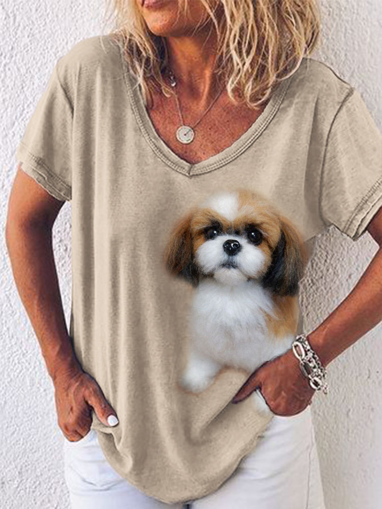 Comstylish Fuzzy Shih Tzu Dog Felt V Neck T Shirt