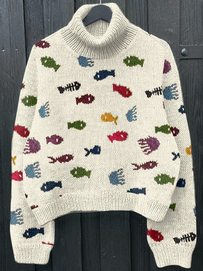 Vintage Fishes And Jellyfishes Art Knitting Patterns Art Cozy Turtleneck Sweater artswardrobe