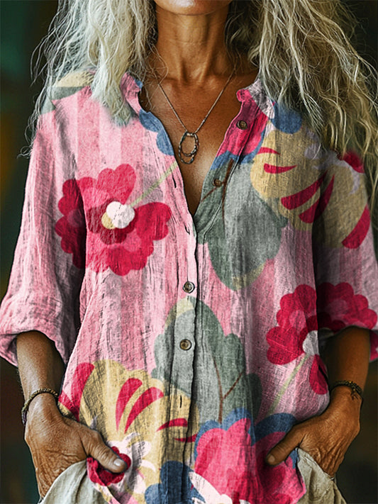 Women's Floral Tattoo Pattern Art Print Casual Cotton Linen Shirt