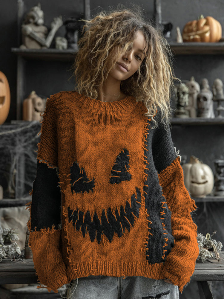 Halloween Spooky Face Contrast Stitched Cozy Knit Sweater artswardrobe