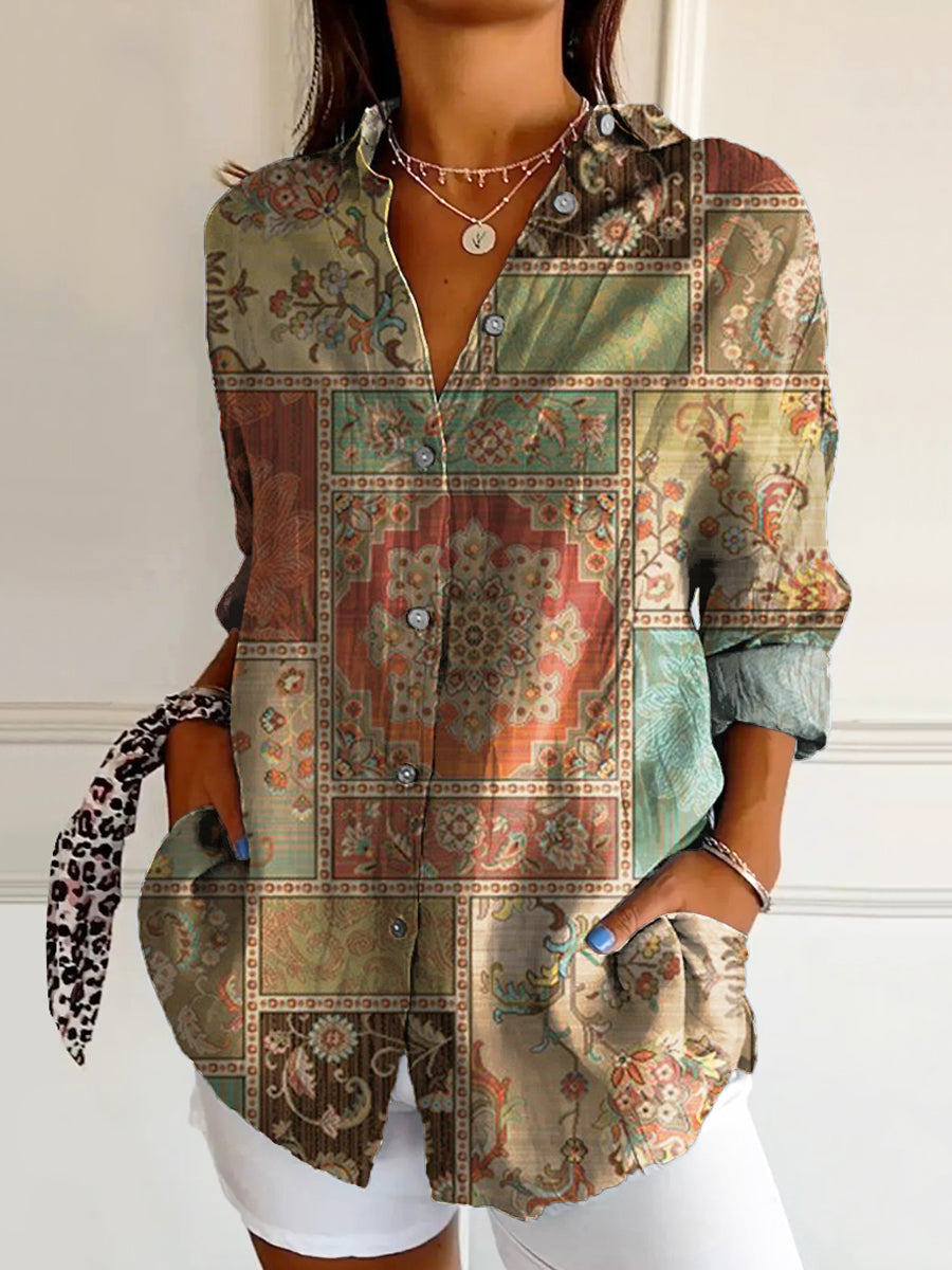 Women's Vintage Ethnic Floral Art Print Casual Cotton Shirt