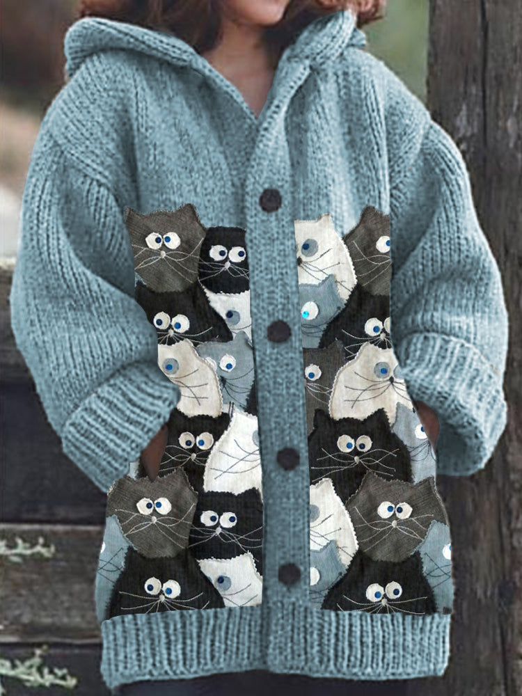 Denim Patchwork Cats Pattern Cozy Knit Hooded Cardigan elevenforest