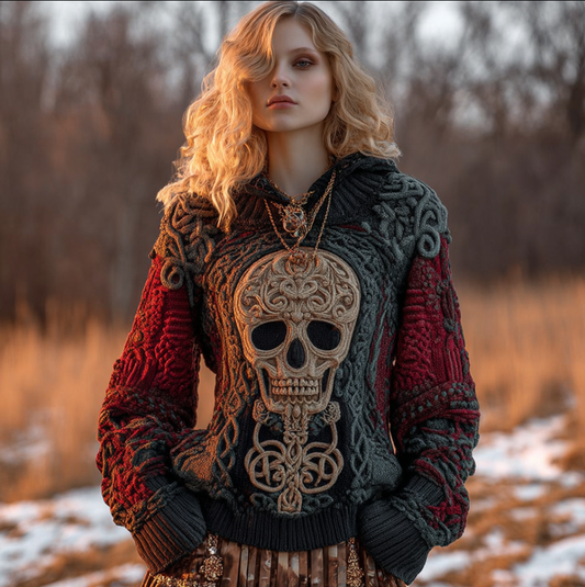 A Woman's Hooded Sweater In Red And Black With Halloween Rose And Skull Elements. elevenforest