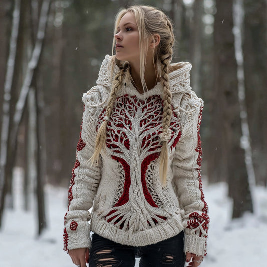 Women's Vintage Viking Tree Of Life Knit Jacquard Hooded Sweater artswardrobe