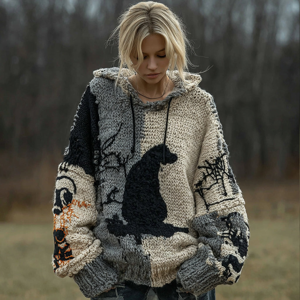 Comstylish Vintage Halloween Loyal Dog Cozy Knit Hooded Sweater