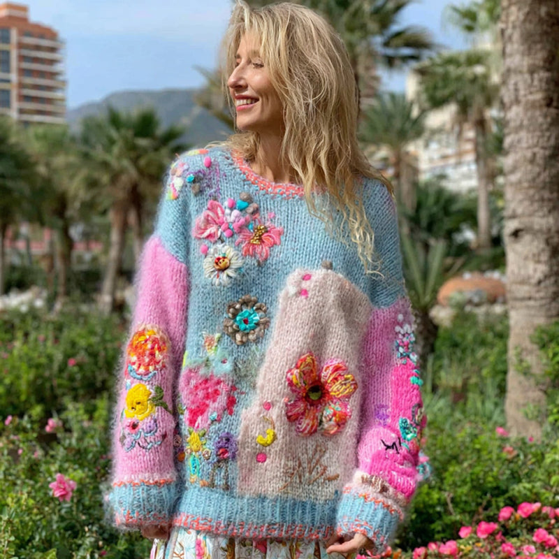 Women's Floral Embroidery Patchwork Art Pullover Knit Sweater elevenforest