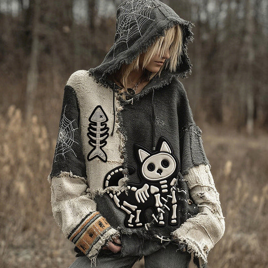 Halloween Black Cat Skeleton Contrast Stitched Hooded Cozy Knit Sweater artswardrobe
