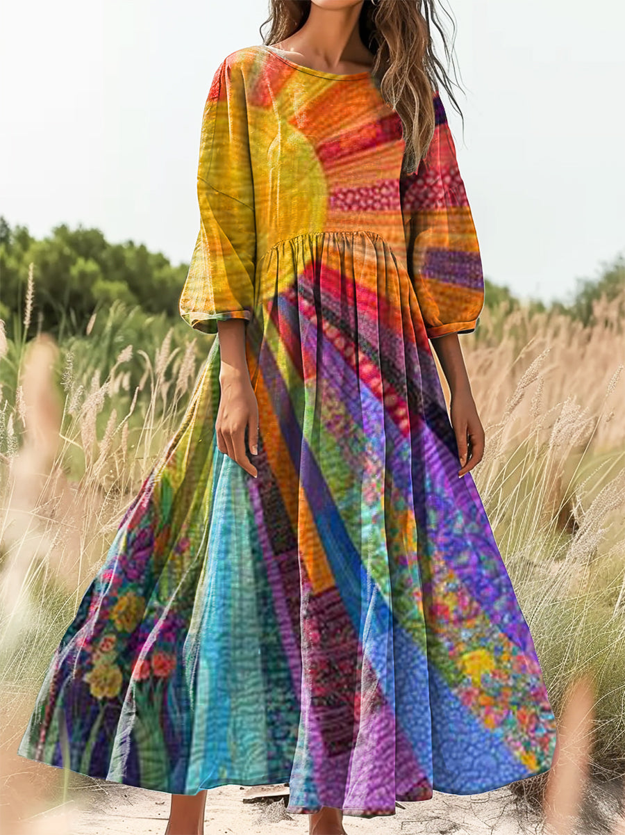 Women's Colorful Sun Collage Art Print Flowy Cotton Crew Neck Dress