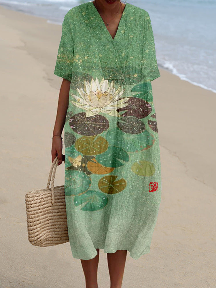 Lotus Flower Japanese Art Linen Blend Midi Dress
