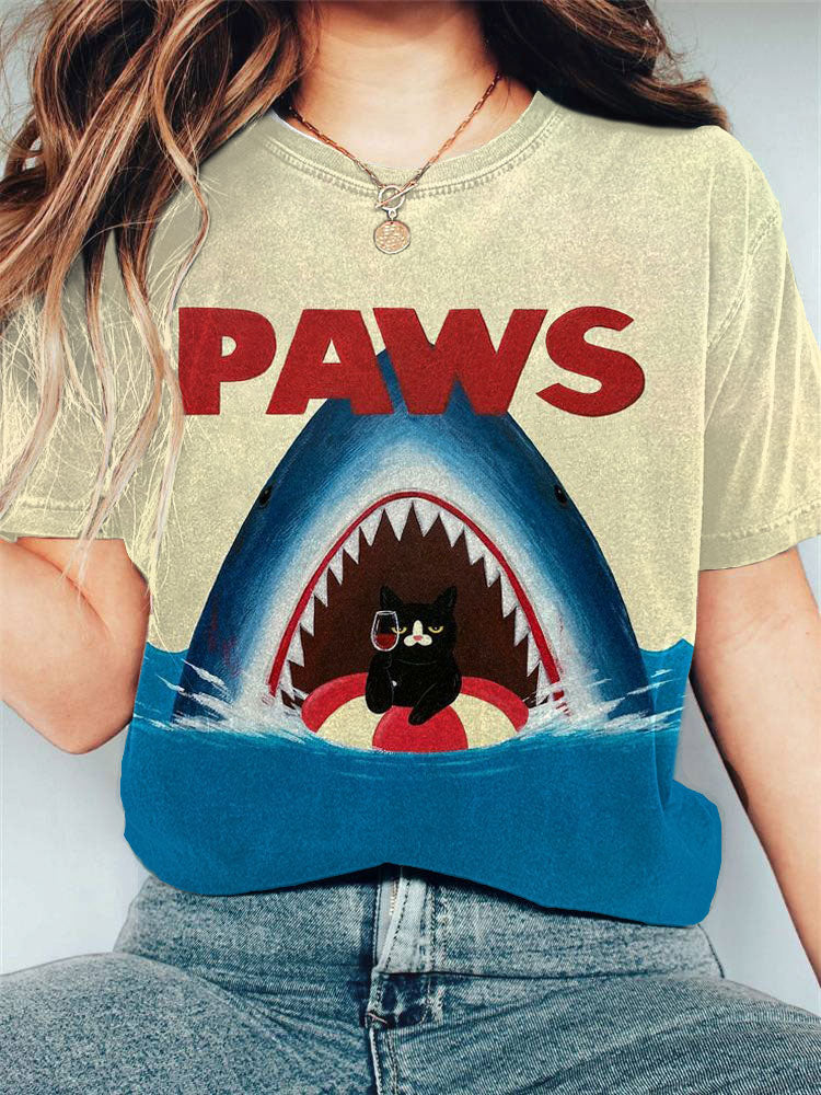 Women's Casual Funny Shark Cat Print T-shirt