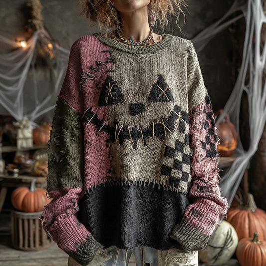 Halloween Pumpkin Face Contrast Stitched Cozy Knit Sweater artswardrobe
