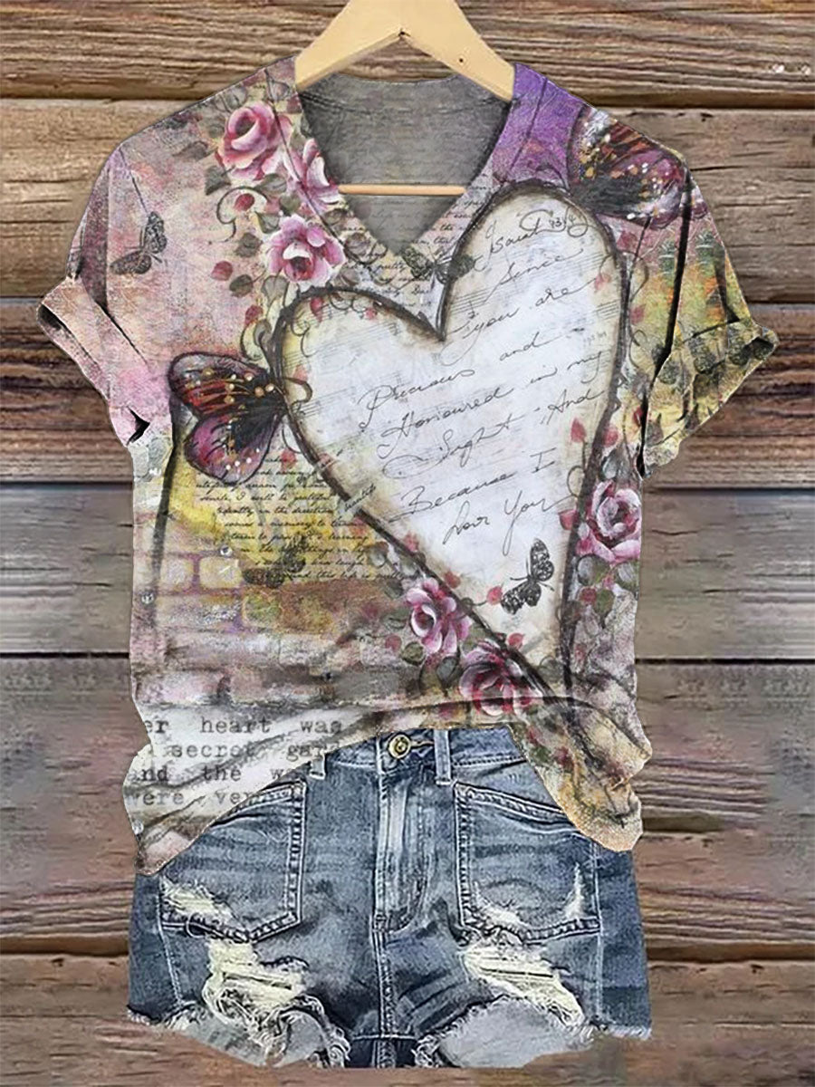 Women's Floral Butterfly Heart Pattern Art V-Neck Casual T-Shirt