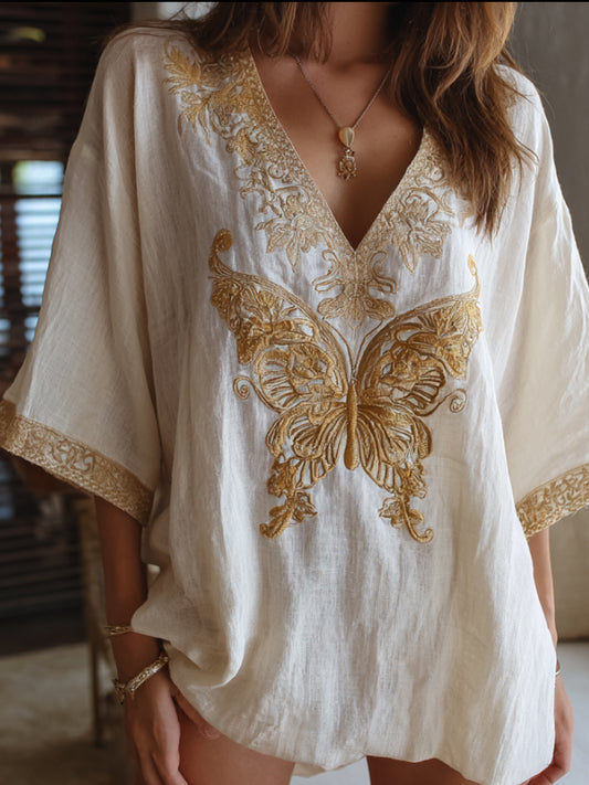 Bohemian-style Golden Butterfly Three-dimensional Embroidery Vintage V-neck Short-sleeved Shirt artswardrobe