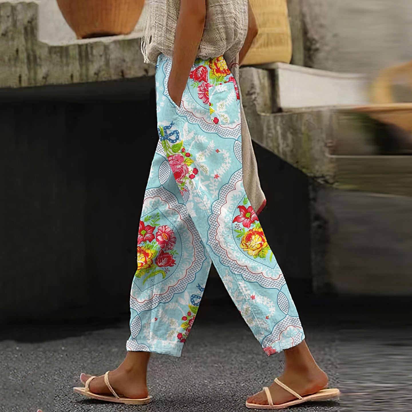 Women's Vintage Floral Art Cotton And Linen Casual Pants artswardrobe