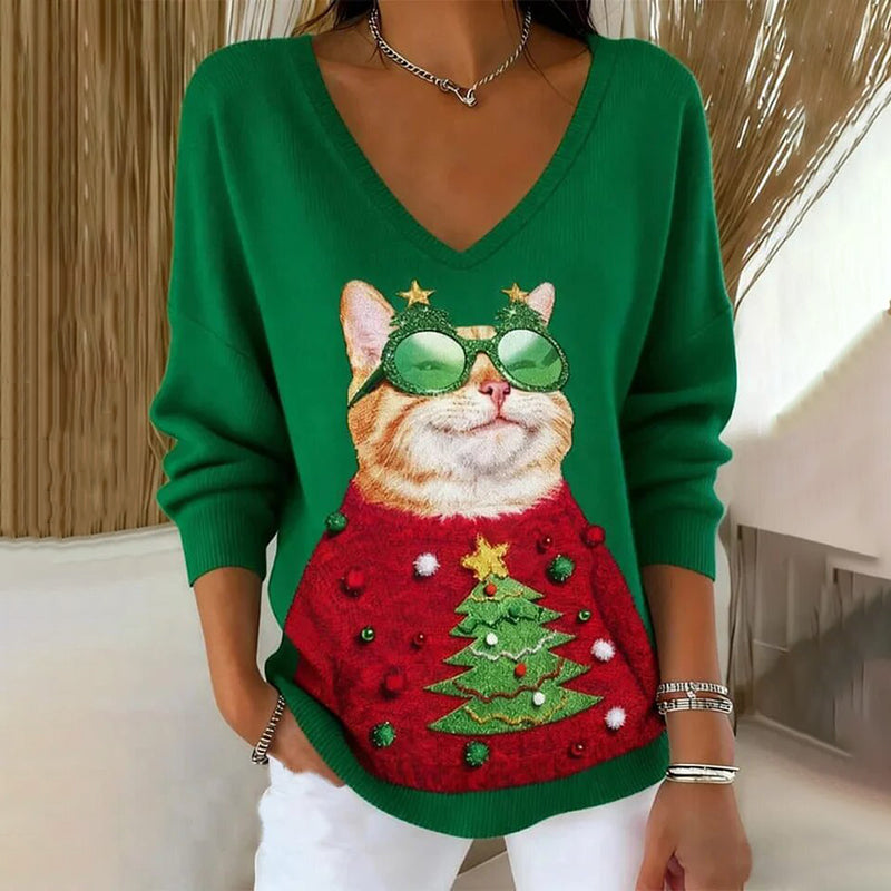 Comstylish Christmas Sleigh And Christmas Tree Round Neck Knitted Sweater