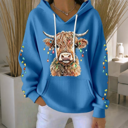 Comstylish Women's Christmas Highland Cow Print Casual Hoodie