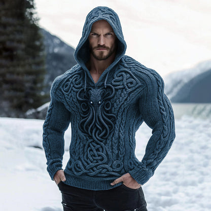 Men's Viking Style Cthulhu Octopus Jacquard Knit Hooded Sweater artswardrobe
