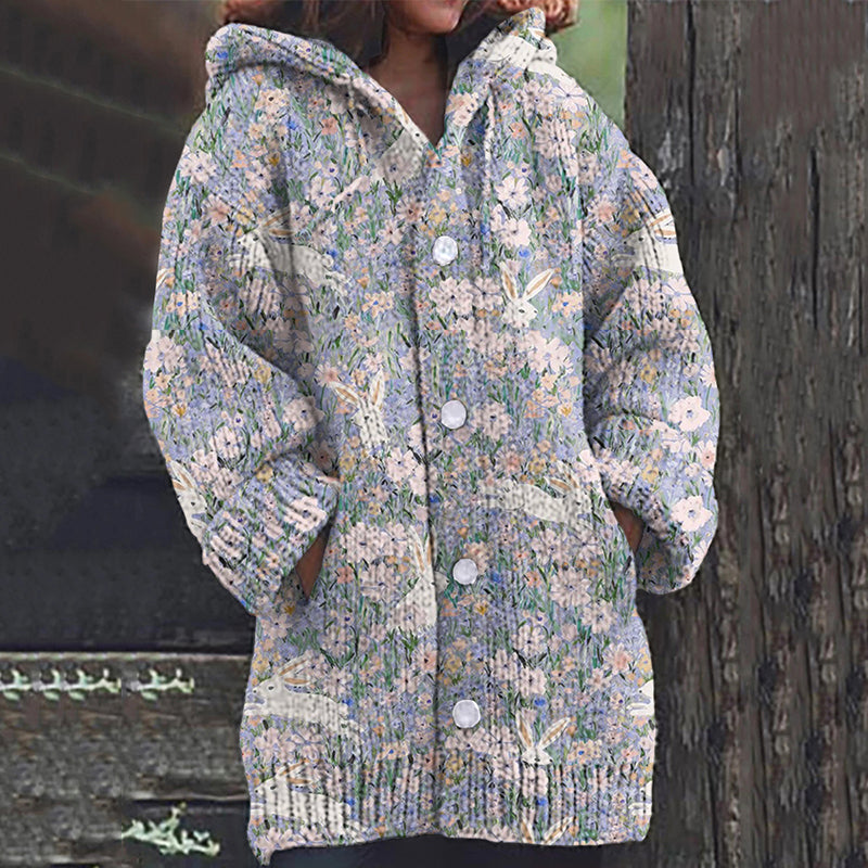 Rabbit Floral Print Women's Cardigan Sweater artswardrobe