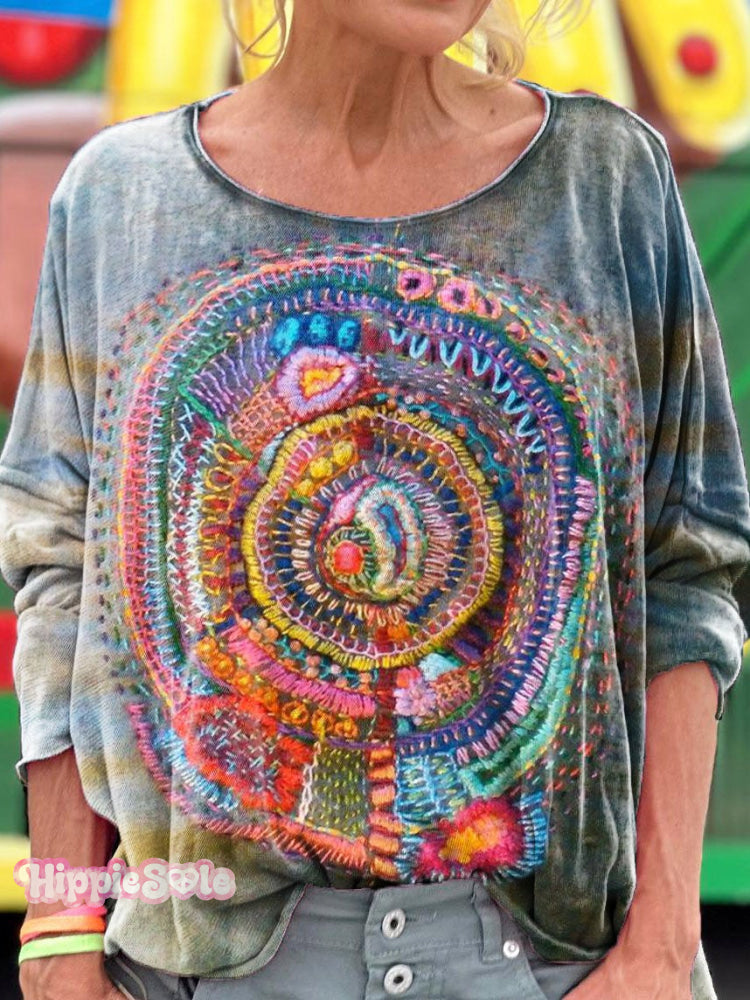 Women's Vintage Embroidered Floral Totem Art Print Casual Long Sleeve