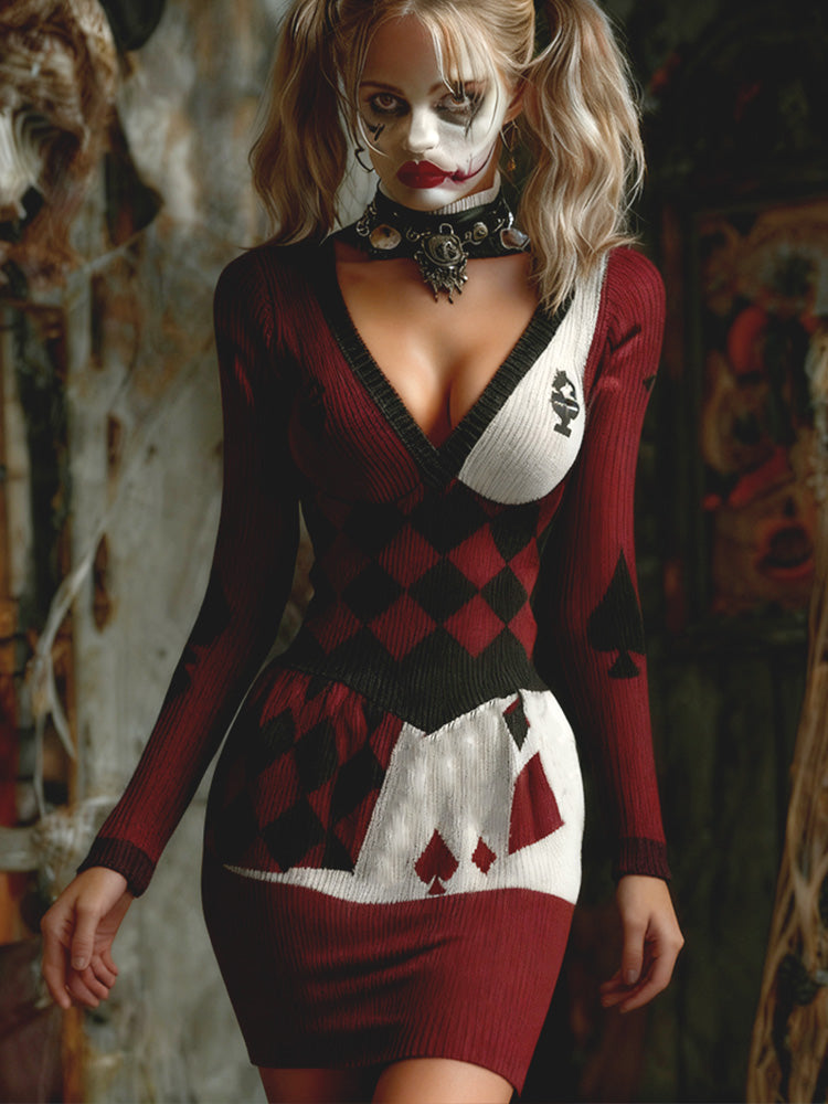 Women's Halloween Card Game Clown Retro Knitted Sweater Dress artswardrobe