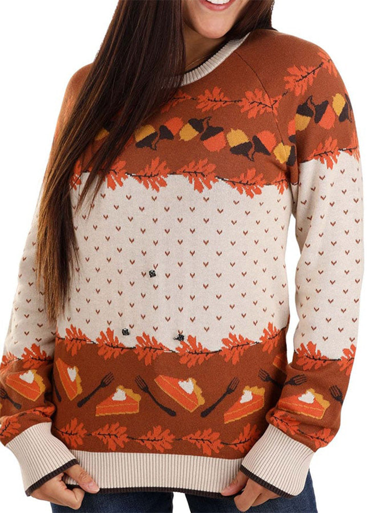 Women's Fall Acorn Print Casual Knitted Sweatshirt artswardrobe