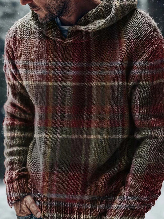 Vintage Plaid Print Casual Knitted Hoodie Sweater artswardrobe