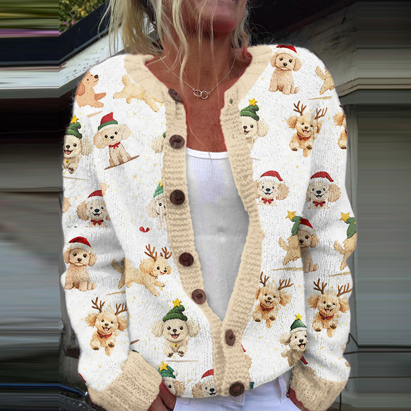Puppy Embroidery Cozy Knitted Cardigan With Santa Hat artswardrobe