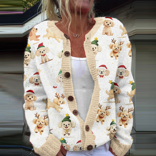 Puppy Embroidery Cozy Knitted Cardigan With Santa Hat artswardrobe