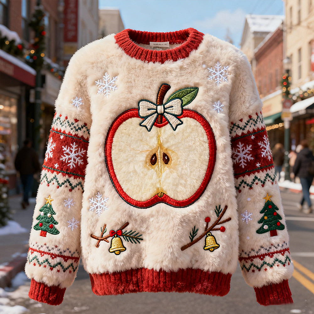 Comstylish Christmas Apple Art Decoration Art Round Neck Sweater